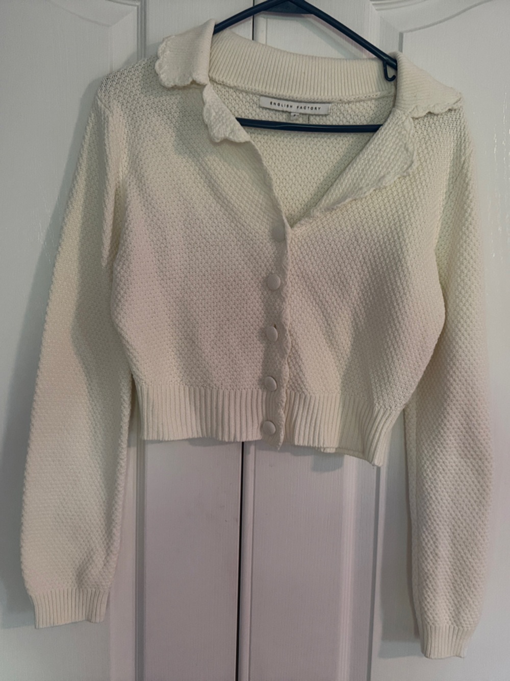 English Factory Cream Cropped Knit Cardigan with Peter Pan Collar